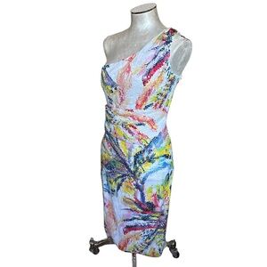 Like New Women’s Sequins One Shoulder Abstract Tropical Midi Cocktail Dress S/M